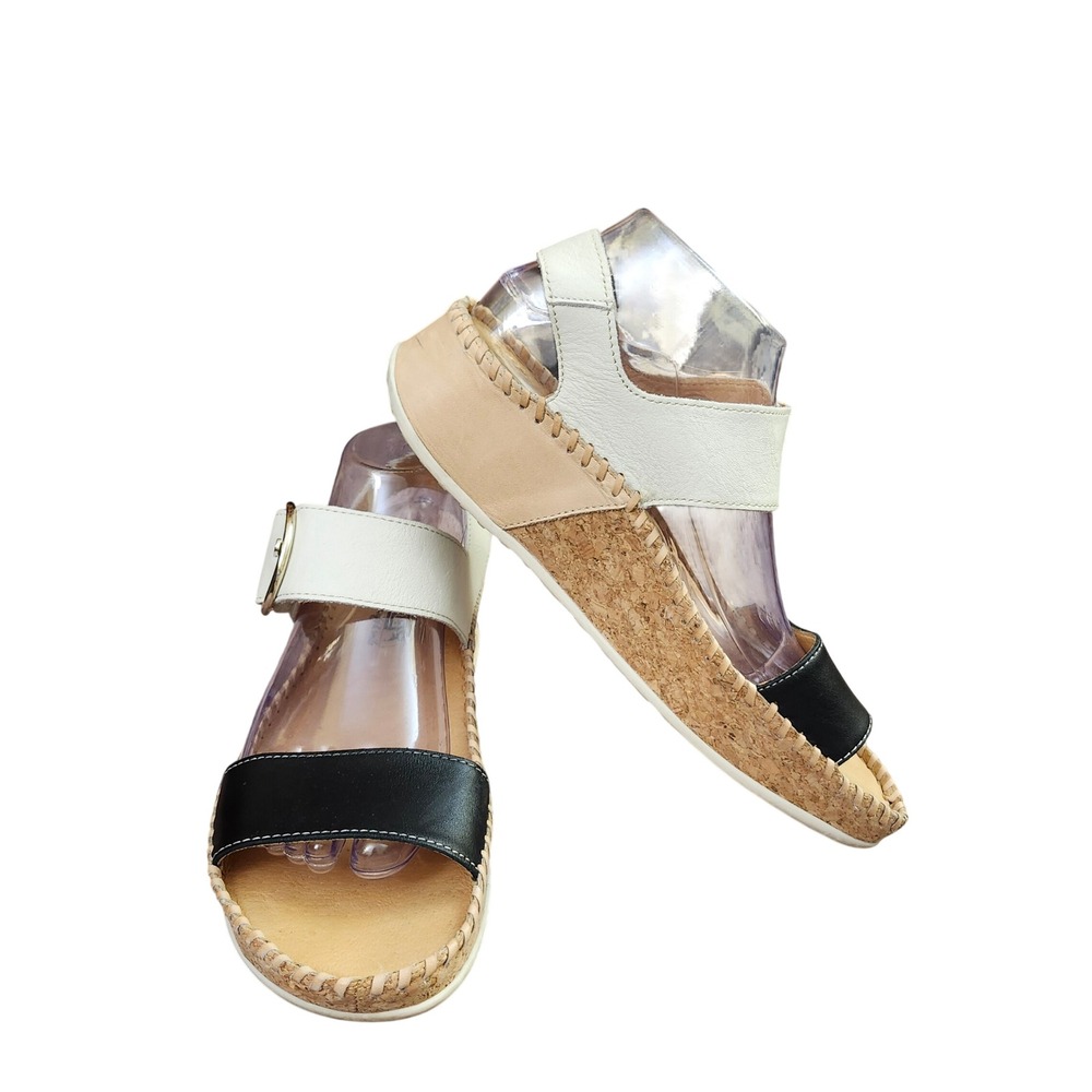 Pikolinos Marina Leather Wedge Sandals Black White Tan Cork Platform Sz 40
